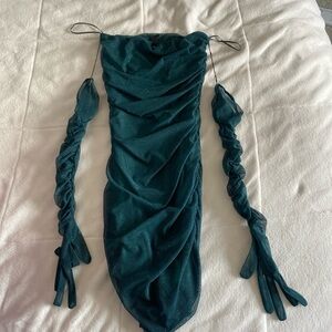 Elegant Teal Ruched Dress with Sleeves